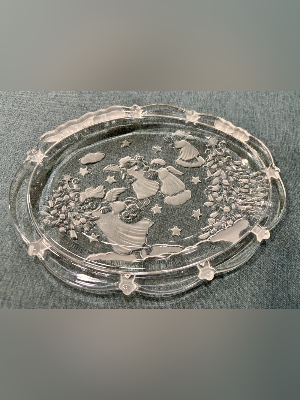 Vintage Mikasa Holiday Sweet Oval Crystal Plate Featuring Angels/Christmas Trees